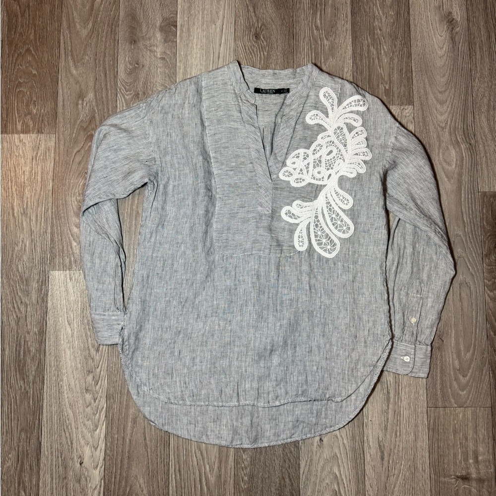 Lauren Ralph Lauren Shirt Women's Medium 100% Linen V-Neck Embroidered Floral